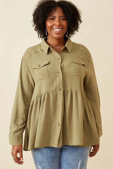 HY6540 TAUPE Womens Linen Blend Peplum Button Up Shirt Front